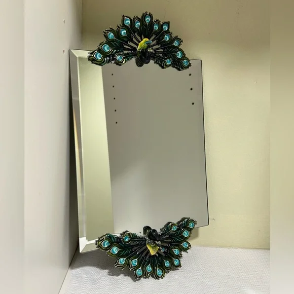 Vintage Enamel Rhinestone Pewter Peacock Mirror Vanity Tray